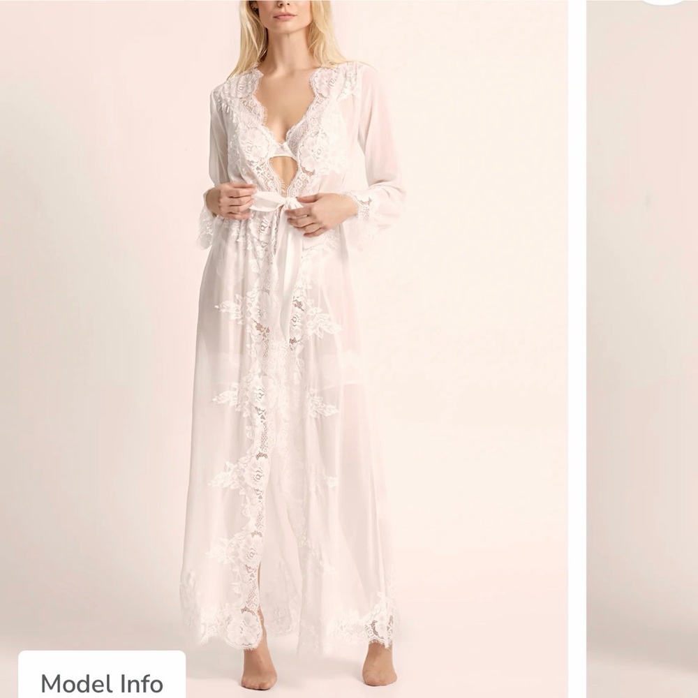 Sheer Lace Trim Long Robe - White